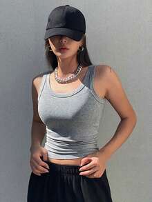 DAZY Solid Scoop Neck Tank Top Y2k - Grey - View 5