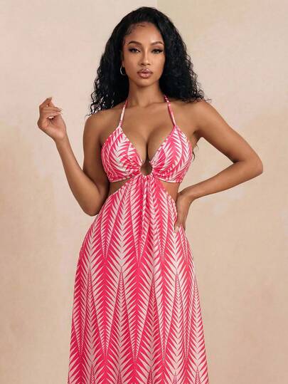 Eryvara Vestido halter con cuello fruncido y cintura corta estampado y sexy