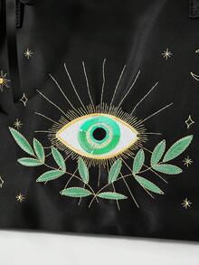 ROMWE Goth 黑色邪惡之眼刺繡月星尼龍托特包 大容量哥德女巫風女士手提包 - 黑色 - 查看 4