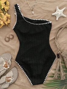 SHEIN 少女连体泳衣，贝壳和海星图案，夏季沙滩度假泳装 - 黑色 - 查看 2