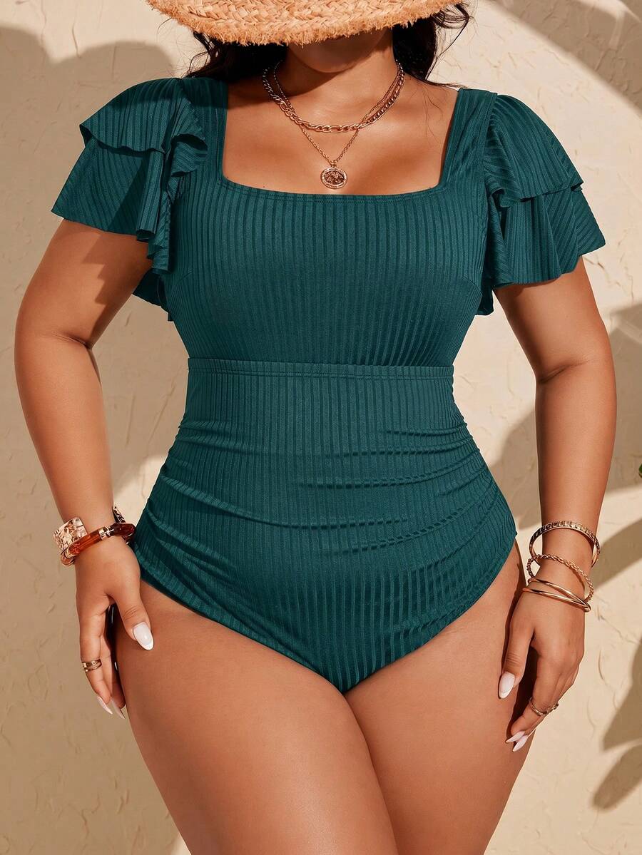 Swim Chiccia Traje de baño de una pieza con mangas de pétalos con volantes talla grande, nuevo verano 2026 - Agua verde azul - Ver 1