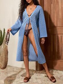 SHEIN 女士镂空和服罩衫，适合夏季海滩度假 - 淺藍色 - 查看 6