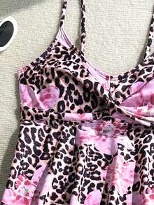 SHEIN Teen Girl Floral & Leopard Print Tankini Swimwear Set - Pink - View 4