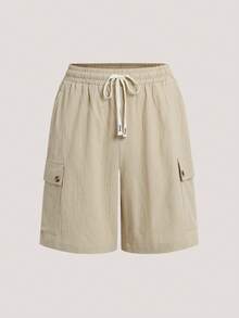 Driftmere Quần short nam màu trơn dây rút eo 100% cotton, quần short cargo thường ngày Ngày của Cha – Hướng dẫn quà tặng Ngày của Cha - Màu Khaki - Xem 1