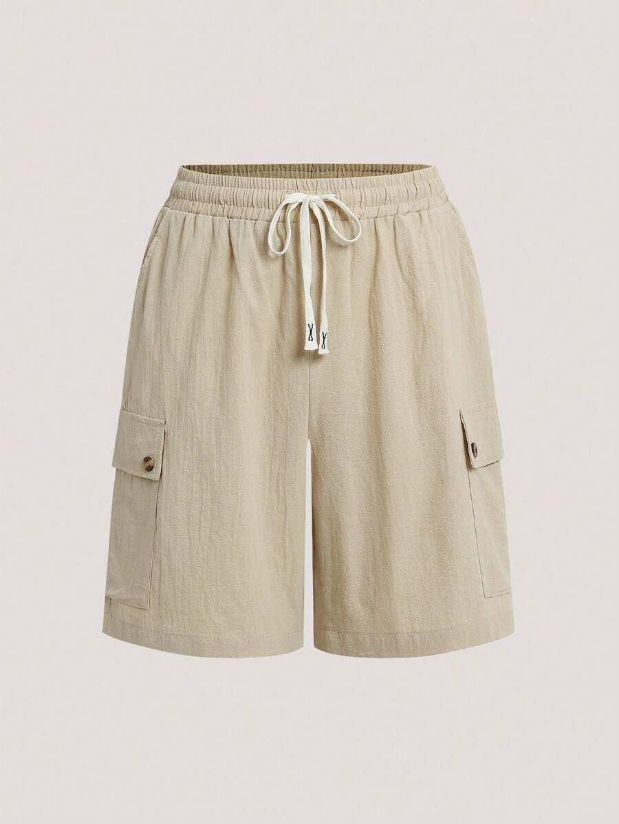 Driftmere Quần short nam màu trơn dây rút eo 100% cotton, quần short cargo thường ngày Ngày của Cha – Hướng dẫn quà tặng Ngày của Cha - Màu Khaki - Xem 1