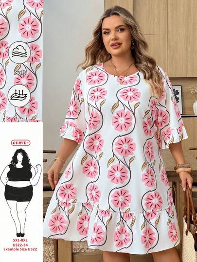 SHEIN CURVE+ Đầm hoa nữ cỡ lớn kiểu dáng thường ngày với nơ buộc sau lưng, đầm in hoa, đầm hè tay dài, đầm hoa cúc, đầm nữ mùa xuân/hè kiểu dáng thường ngày đi nghỉ mát, đầm hè phong cách boho, đầm đi nghỉ mát cho nữ, đầm hè tay dài