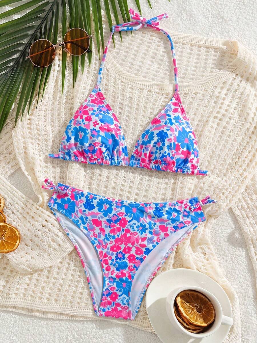 SHEIN Conjunto de bikini de 2 piezas con parte superior de tirantes con lazo y braga triangular con estampado total, adecuado para vacaciones de verano para adolescentes - Multicolor - Ver 1