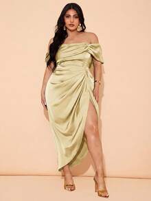SHEIN BAE Plus Size Women Elegant Draping Mid-Length Dress, Suitable For Weddings, Bridesmaid, Cocktail And Formal Occasions - Light Yellow - View 6