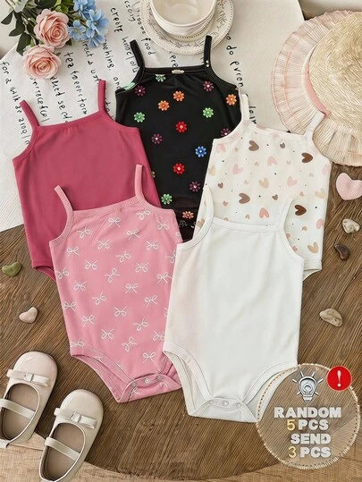 SHEIN LMoss Kids 3件套女婴可爱爱心、花朵、蝴蝶结印花连体衣，休闲简约风格，适合春夏穿着