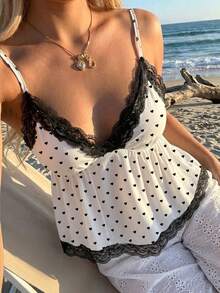 Veykashi Áo liền thân nữ kiểu babydoll xếp ly ngực phối ren, áo hai dây nữ kiểu dáng thường ngày, áo mùa xuân/hè, áo hai dây phối ren chấm bi đen trắng, áo chủ đề Giáng sinh, áo chấm bi, áo chấm bi ngọt ngào, áo hai dây phối ren chấm bi đen trắng. - Nhiều màu - Xem 6