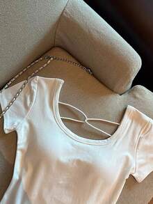 Franclia Women's Solid Color Fitted Casual Everyday Top - Black and White - View 7