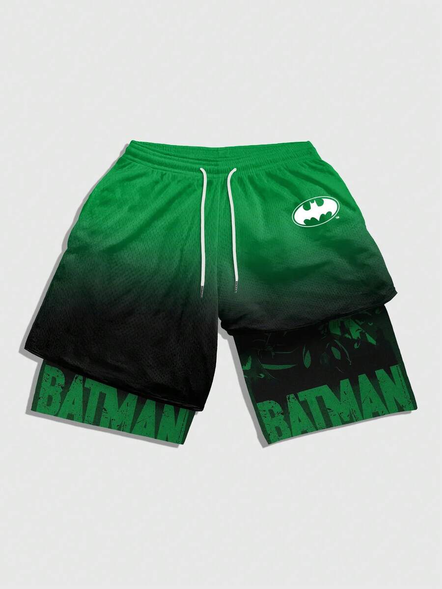 ROMWE MEN Batman X ROMWE 男士渐变字母印花抽绳腰双层短裤,运动跑步 - 彩色 - 查看 1