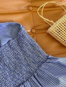 Flirla Women Striped Ruched Flounce Hem Bandeau Top - Navy Blue - View 5