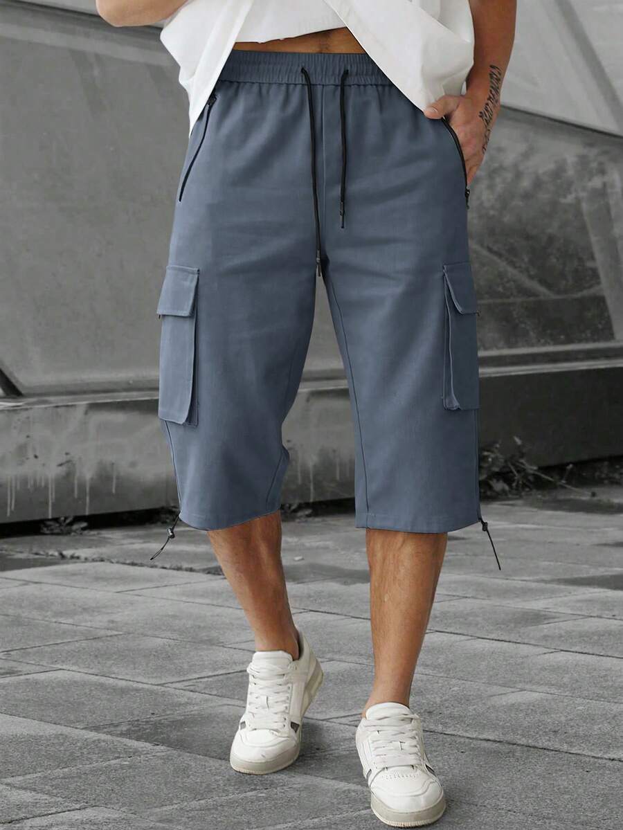Manfinity Homme Pantalones cortos de carga con cintura con cordón de unicolor para hombres - Neblina azul - Ver 1