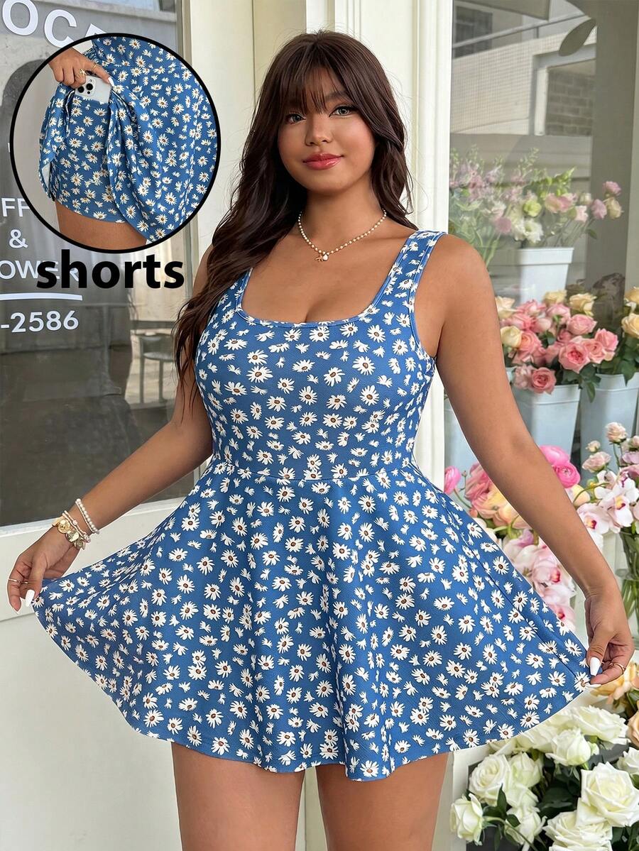 GalTyme Bộ áo liền quần không tay in hoa dáng rộng mùa hè cỡ lớn, thoải mái. - Màu xanh lam - Xem 1