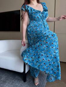 Vibekara Plus Size Summer V-Neck Ruffle Hem Blue Ditsy Floral Dress - Blue - View 7