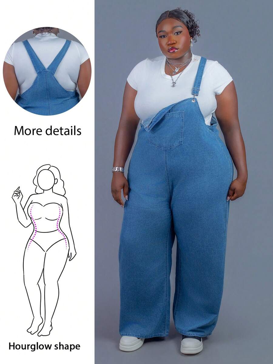 CurvyTilda 加大码蓝色性感修身牛仔背带裤,适合沙漏型身材 - 中等水洗藍 - 查看 1