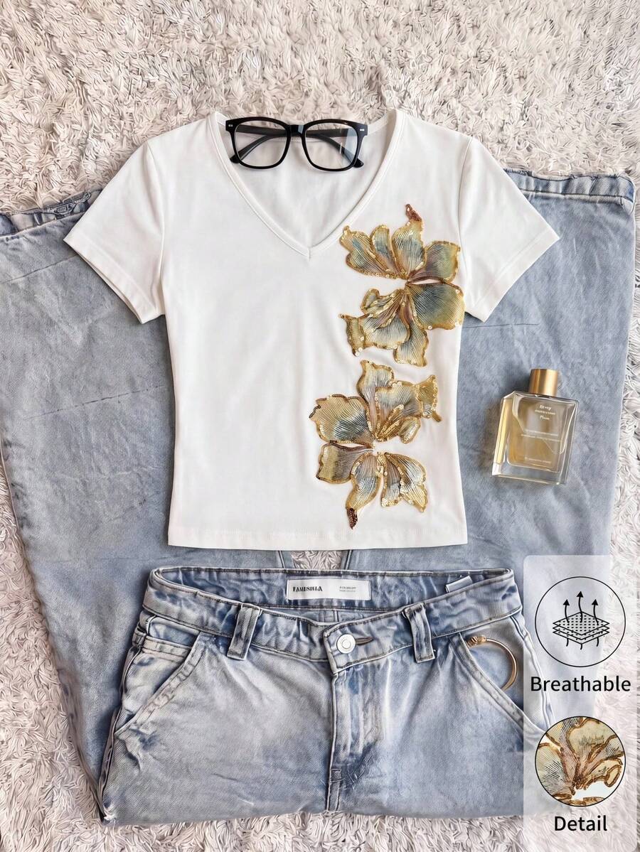 SHEIN BASICS Camisetas de manga corta con cuello en V y estampado minimalista para mujer, tops blancos para mujer