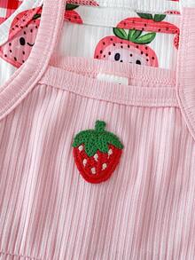 SHEIN Playful Pals 3pcs/Pack Baby Girls' Summer Cute Pink Rompers,Soft Comfortable Hibiscus Floral Strap Round Neck Casual Tropical Versatile Vacation Beach Rompers - Multicolor - View 6