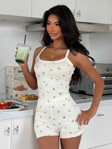 DAZY Women's Ditsy Floral Camisole And Shorts Pajama Set Summer - Beige - View 3