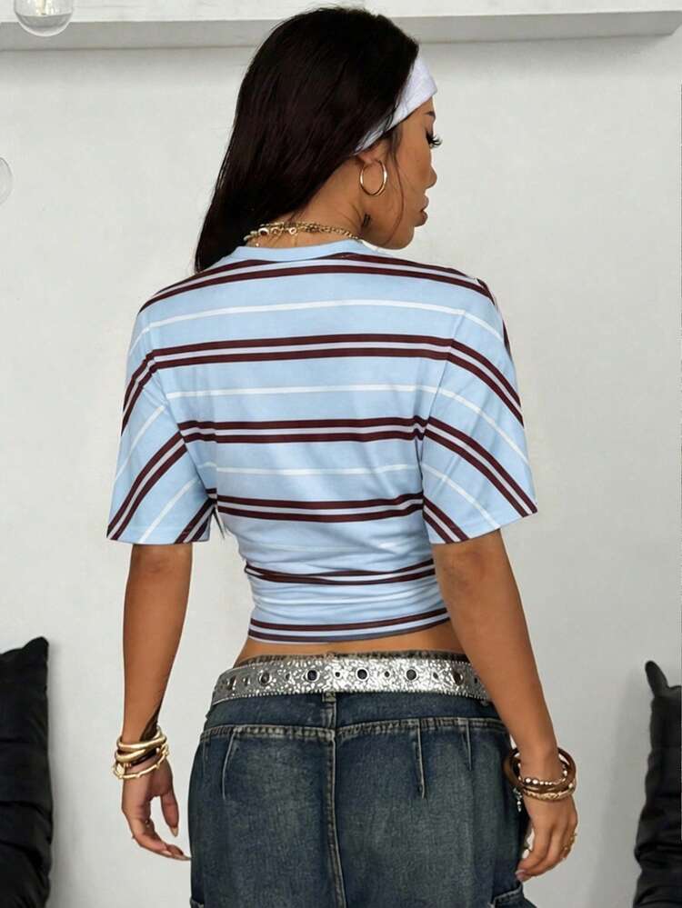 Coolane 女士条纹蝙蝠袖短袖露脐T恤 - 淺藍色 - 查看 3
