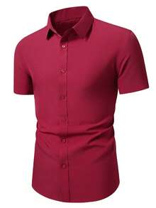 Manfinity Mode Áo sơ mi nam tay ngắn, màu trơn, cài một hàng khuy, kiểu dáng thường ngày/công sở. - Màu Đỏ Sâu - Xem 4