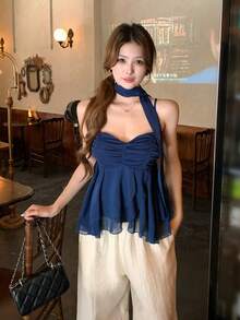 DAZY Áo camisole nữ màu trơn buộc dây kiểu dáng thường ngày với viền bèo nhún kiểu Hàn Quốc. - Màu xanh lam - Xem 7