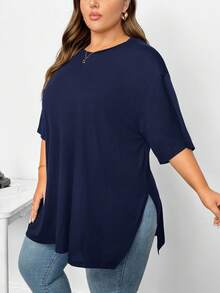 SHEIN CURVE+ 大码女装春夏时尚休闲宽松舒适基础款黑色下摆开衩短袖T恤，简约风格，外出上衣，大码T恤，女士机场穿搭，欧洲春夏秋冬 - 藏蓝色 - 查看 4