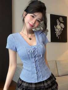 DAZY 淺藍色時尚夏季夜生活女款 T-shirt，優雅蝴蝶結裝飾前綁帶設計方領修身短袖上衣，適合派對、婚禮的可愛上衣 - 藍色 - 查看 3