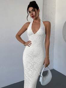 Firerie New V-Neck Sleeveless Textured Bodycon Maxi Dress, Elegant For Date Night Cocktail Wedding, Spring/Summer White,Wedding Guests,Dresses For Women Summer - White - View 4