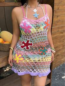 Sunnyshic 大码女式撞色3D立体花卉钩针镂空无袖连衣裙，适合春夏穿着，海滩/度假风，多色钩针镂空吊带裙 - 彩色 - 查看 4