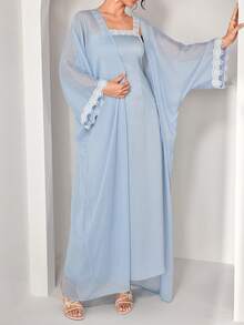 Al Najma Đầm hai dây ren thanh lịch ôm eo, phối cùng áo khoác cardigan mở phía trước, thích hợp cho mùa xuân/hè. - Màu xanh lam - Xem 2