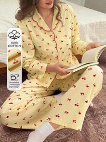 DAZY 2pcs Cute Bow & Cherry Print Contrast Color Embroidered Collar Women Pajama Set, Spring/Summer - Yellow - View 3