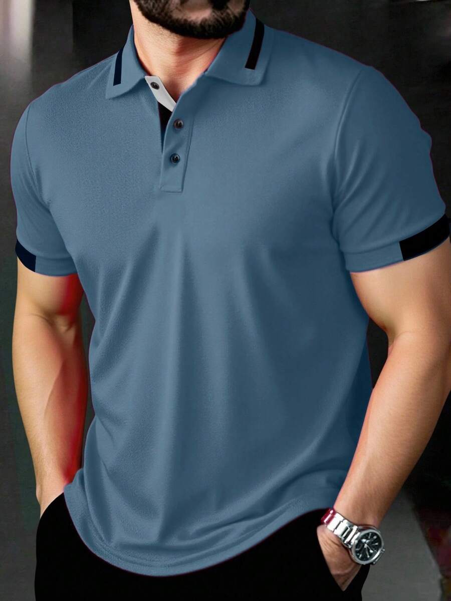 Manfinity Homme 男士對比色短袖休閒通勤 Polo 衫,正式款 - 藍色 - 查看 1