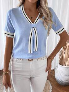 EMERY ROSE Women's Striped V-Neck Short Sleeve Casual Knit Top - Baby Blue - View 6