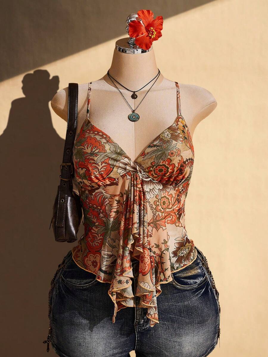 SHEIN ICON Women's Plus Size Light Green Summer Boho Vacation Holiday Retro Y2K Floral Pattern Ruffled Irregular Hem Slim Fit Camisole Vacation - Multicolor - View 1