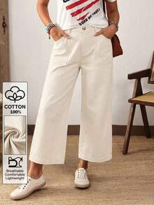 EMERY ROSE Plus Size Women Pocketed Button Casual Versatile Daily Wear Wide Leg Jeans - Beige - View 1