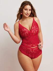 Elorette Conjunto de lencería sexy de encaje de unicolor talla grande - Rojo - Ver 4
