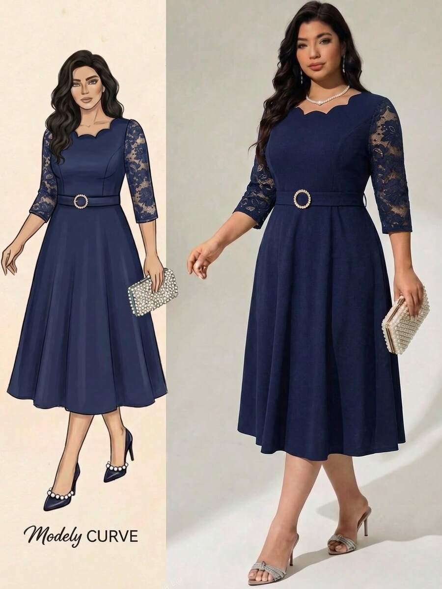 Modelyn Vestido elegante de manga larga con parches de encaje y cinturón en unicolor para tallas grandes