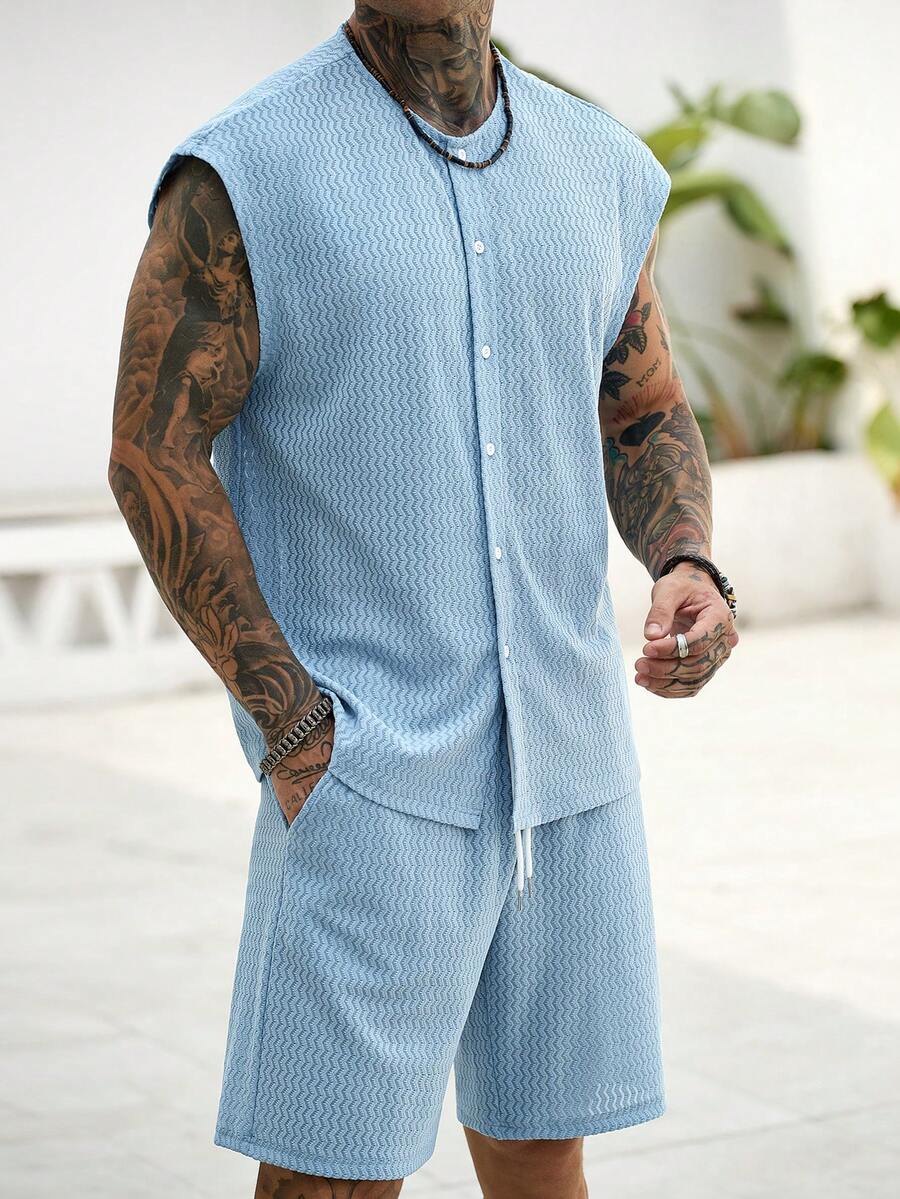 Manfinity CasualCool Bộ đồ nam thường ngày kiểu INS, chất liệu vải phối hợp, thích hợp làm quà tặng cho bạn trai/chồng, quà kỷ niệm, áo không tay dáng rộng. - Màu xanh lam - Xem 1
