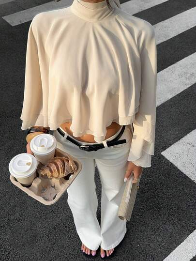 Siren Gaze Elegant And Stylish Stand-Up Collar Irregular Shawl Chiffon Blouse For Women, Summer Loose Fit, Fashionable Thin Batwing Sleeve Cropped Top, Casual And Versatile Fashion Jacket.