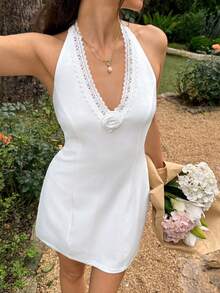 Cévolie Vestido ajustado con cuello de halter, decoración de flores 3D y parches para mujer - Blanco - Ver 6