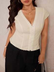 Elaquor Plus Size Women's Solid Color V-Neck Cap Sleeve Single-Breasted Casual Shirt - Apricot - View 3
