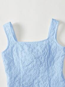 SHEIN Pitira 少女优雅蓝色提花方领A字无袖连衣裙，饰有蝴蝶结，夏季 - 藍色 - 查看 4