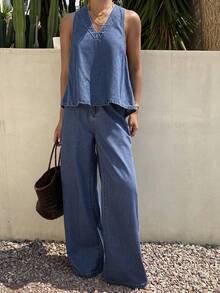 Livesso Bộ đồ nữ gồm áo không tay và quần jeans ống rộng, thích hợp cho mùa hè. - Màu xanh lam - Xem 1
