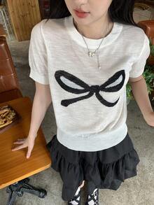 DAZY 女士圆领蝴蝶结装饰撞色针织上衣 - 白色 - 查看 4