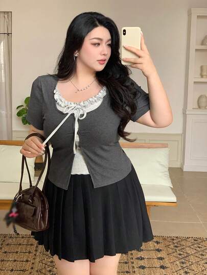 Dazy Plus Summer Ruffled Bow-Tie Cropped Short Sleeve Fitted Plus Size Women T-Shirt