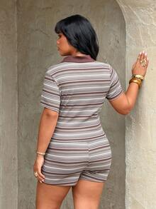 Rustia Plus Size 2pcs/Set Brown Polo Shirt And Shorts Set Casual Comfortable For Spring/Summer Gym - Brown - View 2