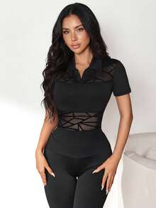 Slayform Slayform Women's Summer Elastic Mesh Patchwork Breathable Short Sleeve Sports Polo Shirt - Black - View 4
