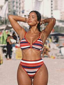 Slaydiva 2026 Summer New Plus Size Women's Striped V-Neck High Waist Triangle Bikini Two Pieces Swimwear Beach White - Multicolor - View 6